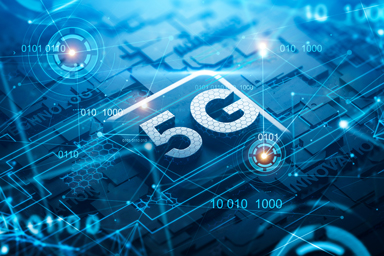 Das 5G-Logo auf blauem Hintergrund.