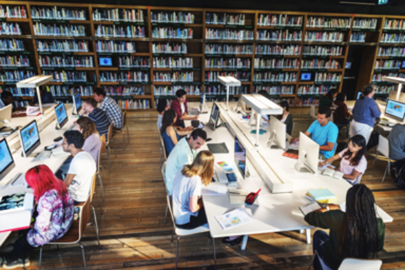 Gruppen von Studierenden sitzen an Tischen und arbeiten.