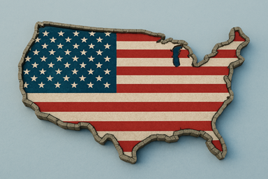 Stilisierte US-Flagge als Landkarte. Die Umrandung der Landkarte ist eine Mauer.