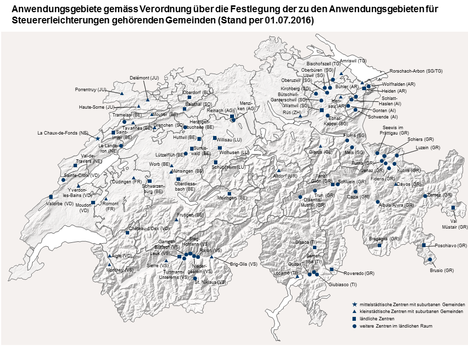 Karte der Schweiz mit den Anwendungsgebieten für Steuererleichterungen und den dazu gehörenden Gemeinden