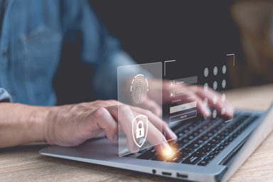A person on a computer with fingerprint and lock pictograms.