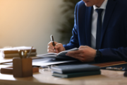 A businessman signing a document.