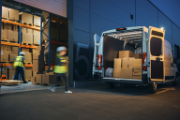 Two workers load a delivery vehicle.