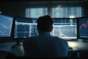 A person seated in front of several computer screens.