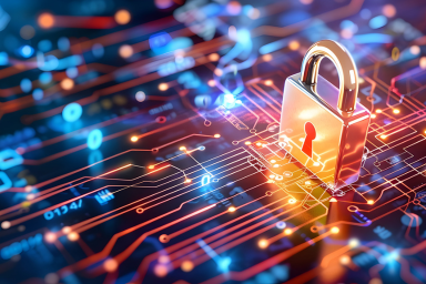 A golden padlock on glowing computer circuits