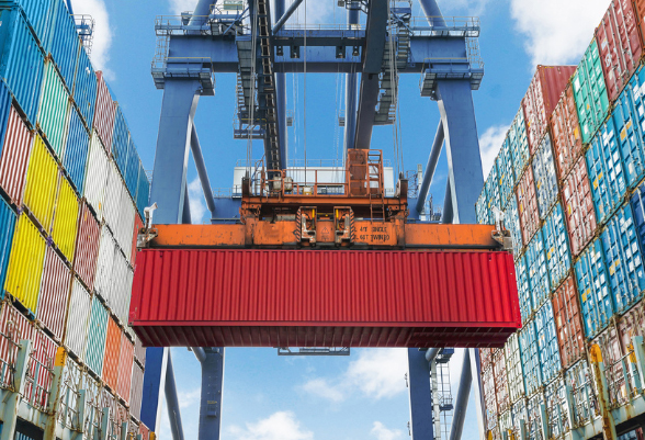 A crane moves containers in a port 