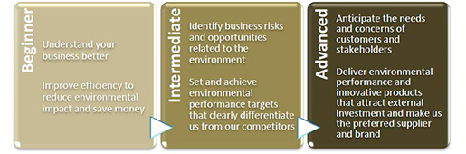 Graphic. Shows the three levels of discussion for the purpose of defining the sustainability goals of a business