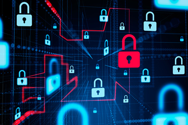 Multiple holographic padlocks amid technology.