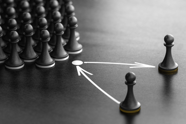 Two pawns a distance apart with arrow marks between them.