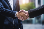 Two people in suits shake hands.