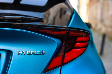 Close-up of the rear of a hybrid car