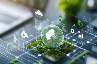 Illustration d’un globe terrestre et d’éléments en lien avec les technologies vertes