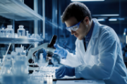 A laboratory technician observes preparations under the microscope