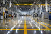 A hall with yellow lines on the floor and machines on the sides