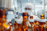 Eine Person mit Schutzbrille, Maske und Schutzanzug in einer Fabrik
