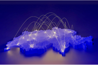 Silhouette de la Suisse en 3D et des courbes dorées qui relient différentes villes