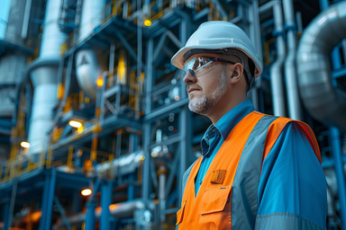 Un homme portant un casque, des lunettes de protection et un gilet de sécurité
