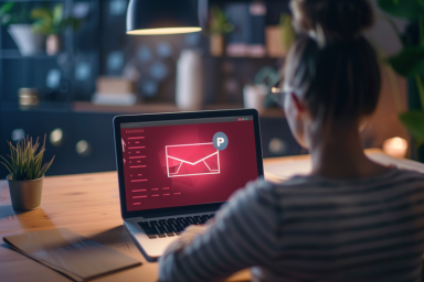 Une femme devant son un ordinateur avec un message rouge