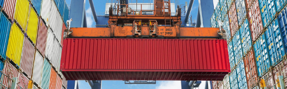 Une grue déplace des containeurs dans un port.