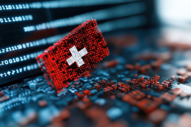 Una bandiera svizzera pixelata su uno sfondo blu e rosso