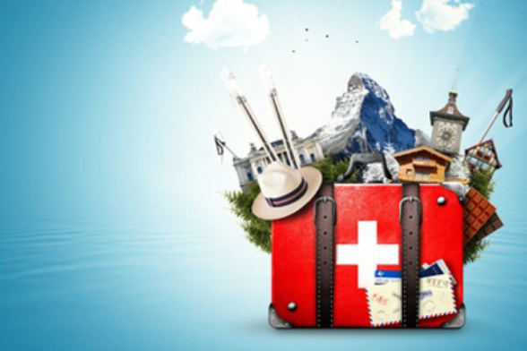 Illustrazione che rappresenta una valigia decorata dalla bandiera svizzera e dalla quale fuoriescono i monumenti celebri della nazione.