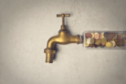 Un rubinetto chiuso impedisce a delle monete di scorrere attraverso un tubo.