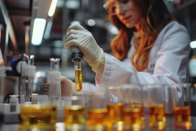 Une laborantine tient une pipette contenant un liquide orange