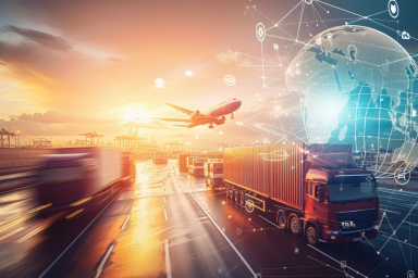 Camion sulla strada, un aereo e un globo con un tramonto