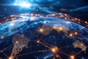 La moitié du globe terrestre avec des lignes dorées qui relient différents points