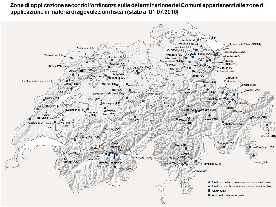 Schema: mappa della Svizzera con indicazione dei Comuni che beneficiano di agevolazioni fiscali da parte della Confederazione.